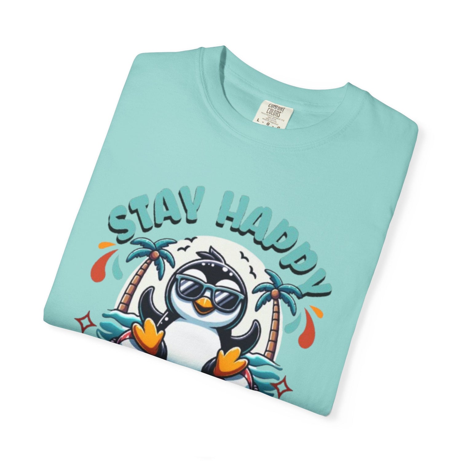 Stay Happy Penguin T-Shirt Unisex Summer Tee Vacation Shirt Beachwear Fun Gift Garment Dyed Cotton Casual Comfort Tee Birthday Gift Beach Shirt Printify