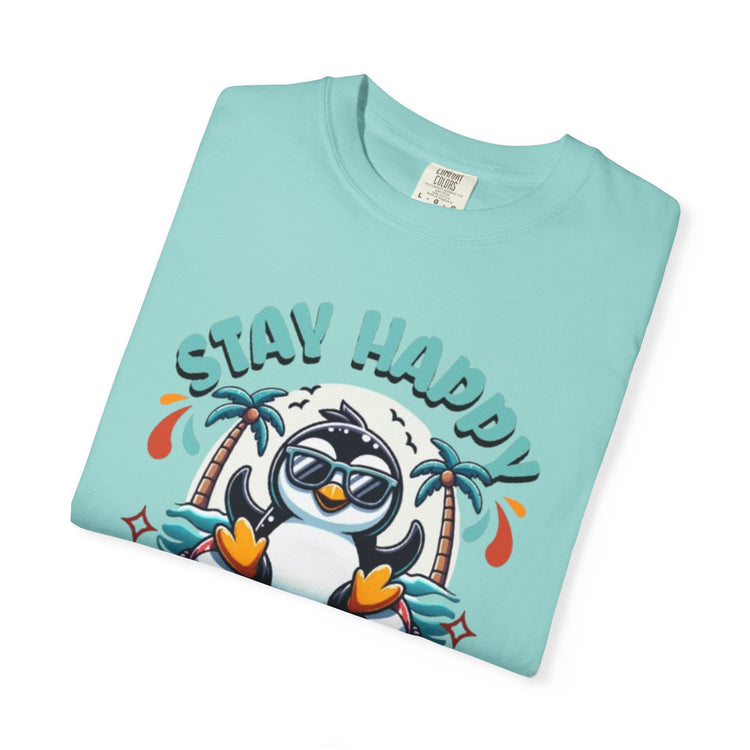 Stay Happy Penguin T-Shirt Unisex Summer Tee Vacation Shirt Beachwear Fun Gift Garment Dyed Cotton Casual Comfort Tee Birthday Gift Beach Shirt Printify