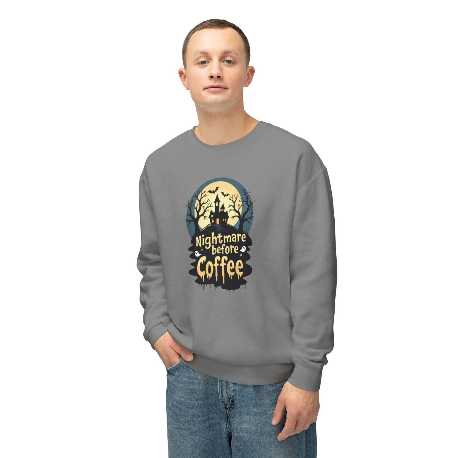 Unisex Lightweight Crewneck Sweatshirt - Nightmare Before Coffee Printify