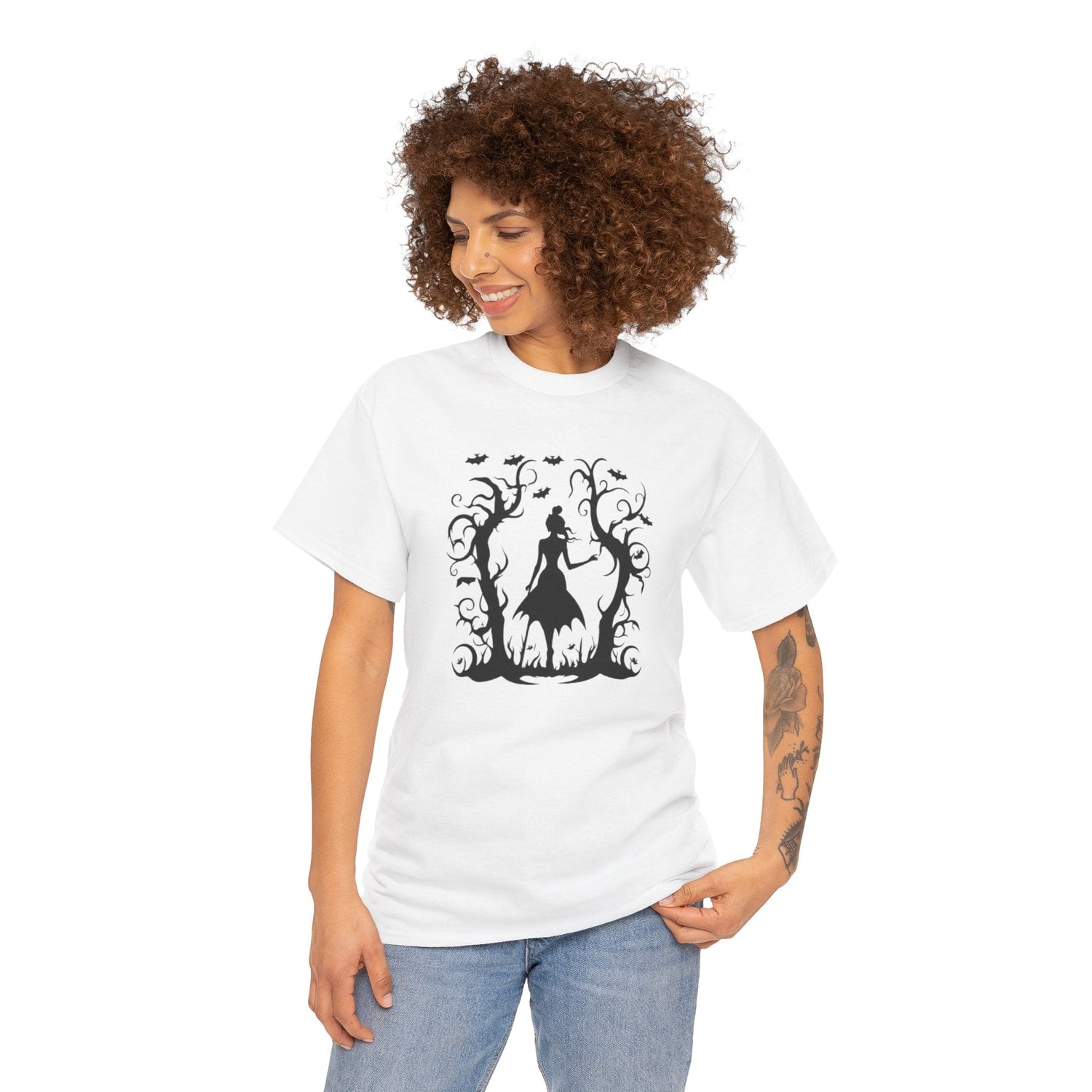 Whimsical Forest Silhouette Tee, Unisex Heavy Cotton T-Shirt, Fall Fashion, Halloween Shirt, Nature Lover Gift Printify