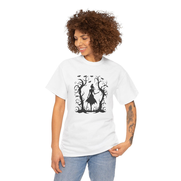Whimsical Forest Silhouette Tee, Unisex Heavy Cotton T-Shirt, Fall Fashion, Halloween Shirt, Nature Lover Gift Printify