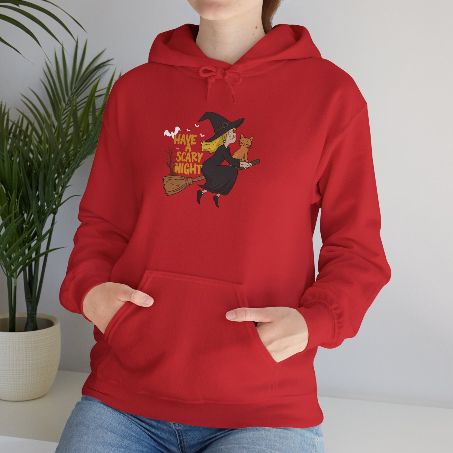 Halloween Witch and Cat Hoodie, Cozy Fall Sweatshirt, Scary Night Apparel, Unisex Ghostly Sweatshirt, Cute Halloween Gift Printify