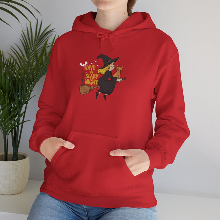 Halloween Witch and Cat Hoodie, Cozy Fall Sweatshirt, Scary Night Apparel, Unisex Ghostly Sweatshirt, Cute Halloween Gift Printify