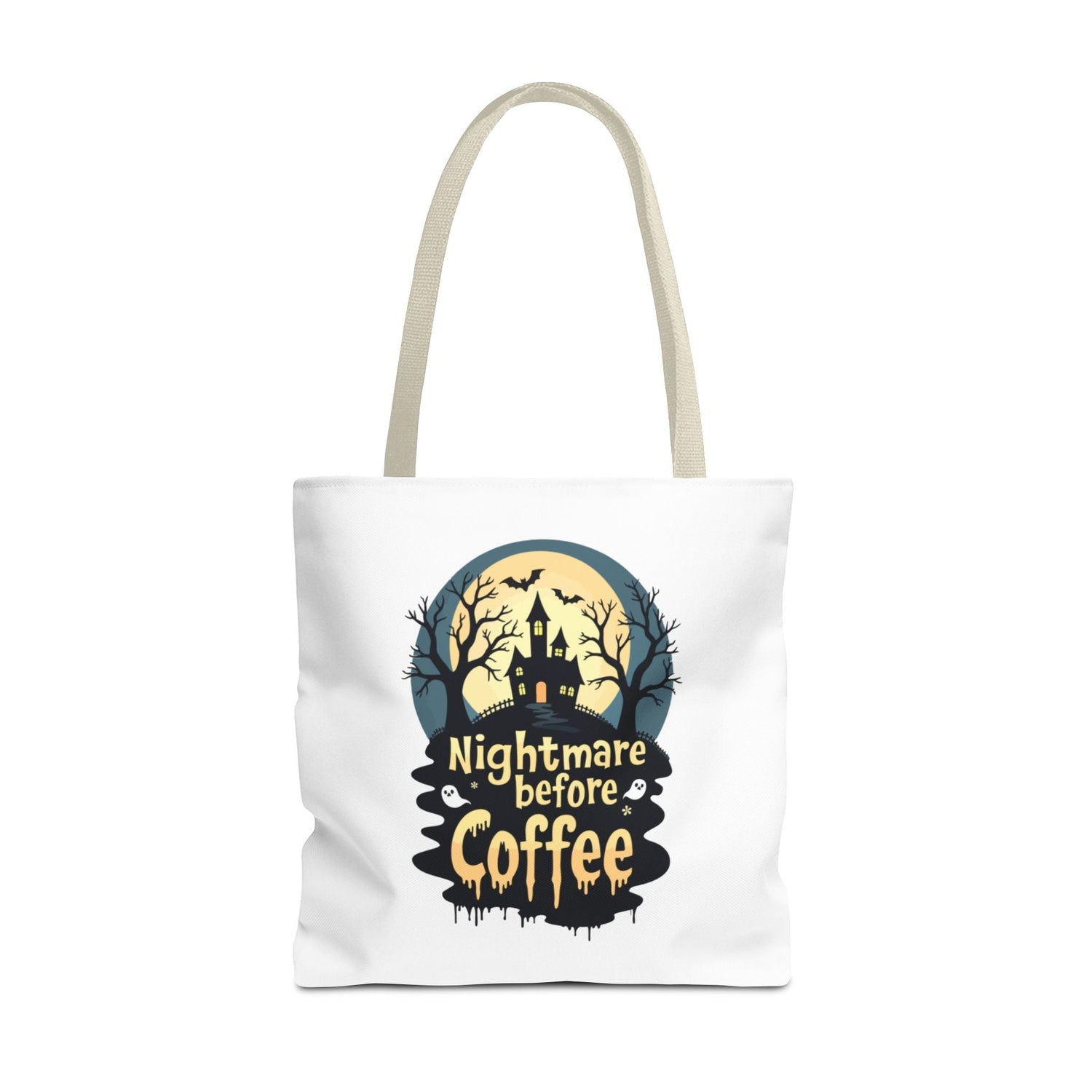 Nightmare Before Coffee Tote Bag, Halloween Tote, Spooky Drink Carrier, Gift for Coffee Lovers, AOP Design Bag Printify
