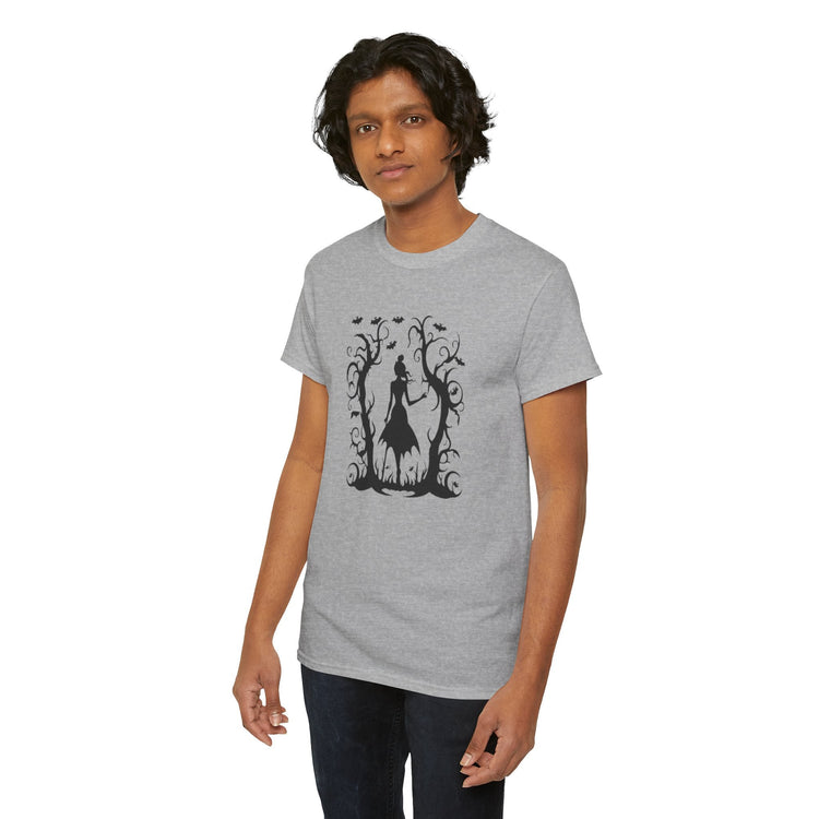 Whimsical Forest Silhouette Tee, Unisex Heavy Cotton T-Shirt, Fall Fashion, Halloween Shirt, Nature Lover Gift Printify