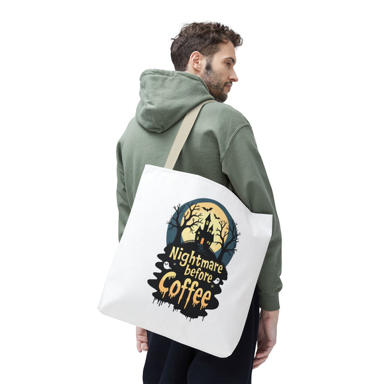 Nightmare Before Coffee Tote Bag, Halloween Tote, Spooky Drink Carrier, Gift for Coffee Lovers, AOP Design Bag Printify