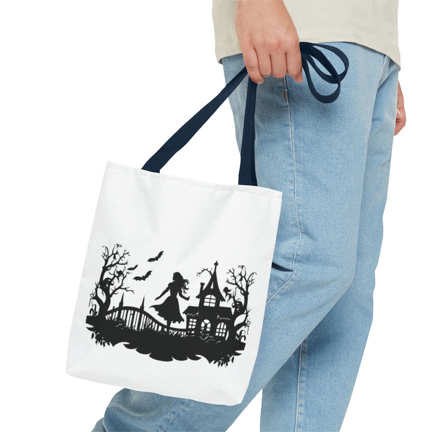 Spooky Silhouette Tote Bag - Halloween Gift, Witchy Style, Eco-Friendly Shopping, Causal Carryall, Gothic Art Design Printify
