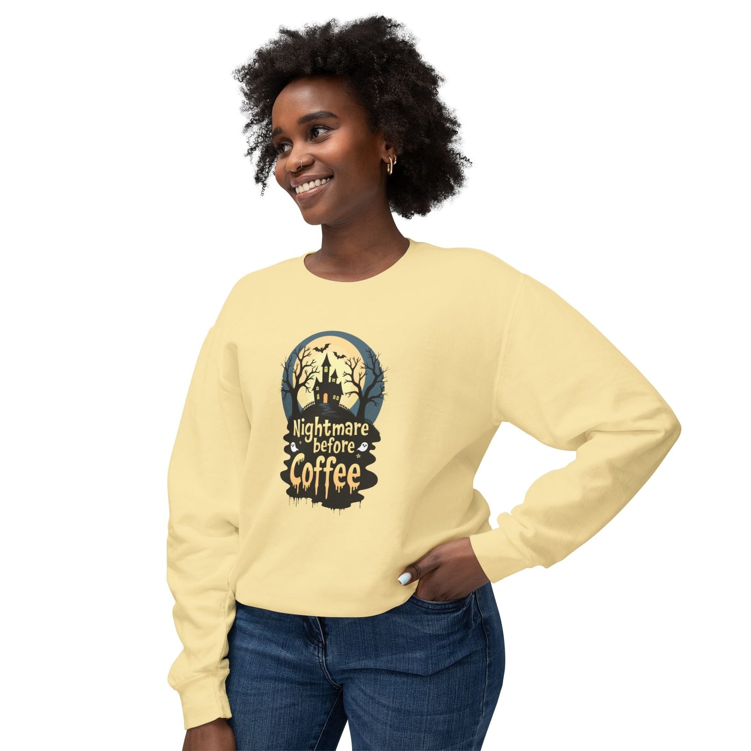 Unisex Lightweight Crewneck Sweatshirt - Nightmare Before Coffee Printify