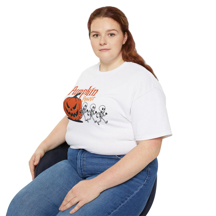 Halloween Skeleton Pumpkin Tee, Spooky Graphic Shirt, Unisex Fall Fashion, Halloween Costume Top, Fun October Apparel Printify