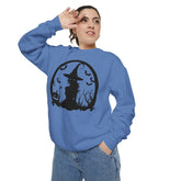 Charming Halloween Sweatshirt, Cozy Witch Design, Unisex Garment-Dyed Hoodie, Fall Fashion, Spooky Season Wear, Trick or Treat Gift Printify