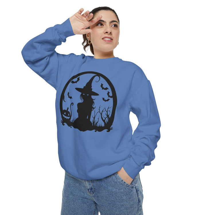 Charming Halloween Sweatshirt, Cozy Witch Design, Unisex Garment-Dyed Hoodie, Fall Fashion, Spooky Season Wear, Trick or Treat Gift Printify
