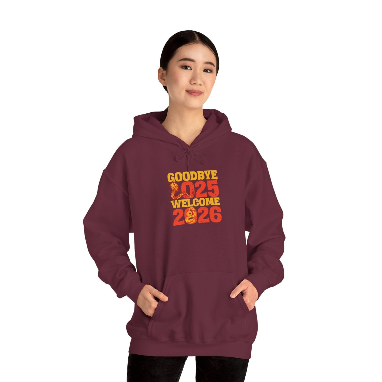 New Year Celebration Hoodie Goodbye 2025 Welcome 2026 Sweatshirt Cozy Gift Friends Unisex Pullover Trendy Winter Fashion Heavy Blend Hooded Printify