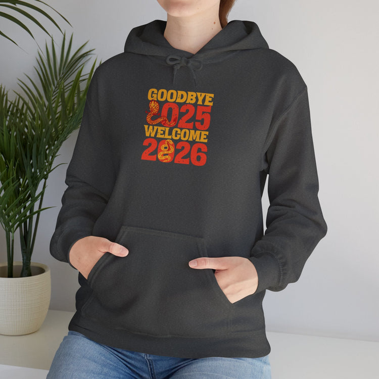 New Year Celebration Hoodie Goodbye 2025 Welcome 2026 Sweatshirt Cozy Gift Friends Unisex Pullover Trendy Winter Fashion Heavy Blend Hooded Printify
