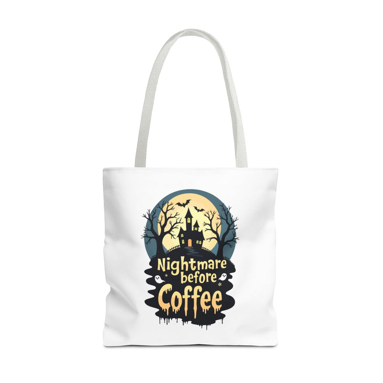 Nightmare Before Coffee Tote Bag, Halloween Tote, Spooky Drink Carrier, Gift for Coffee Lovers, AOP Design Bag Printify