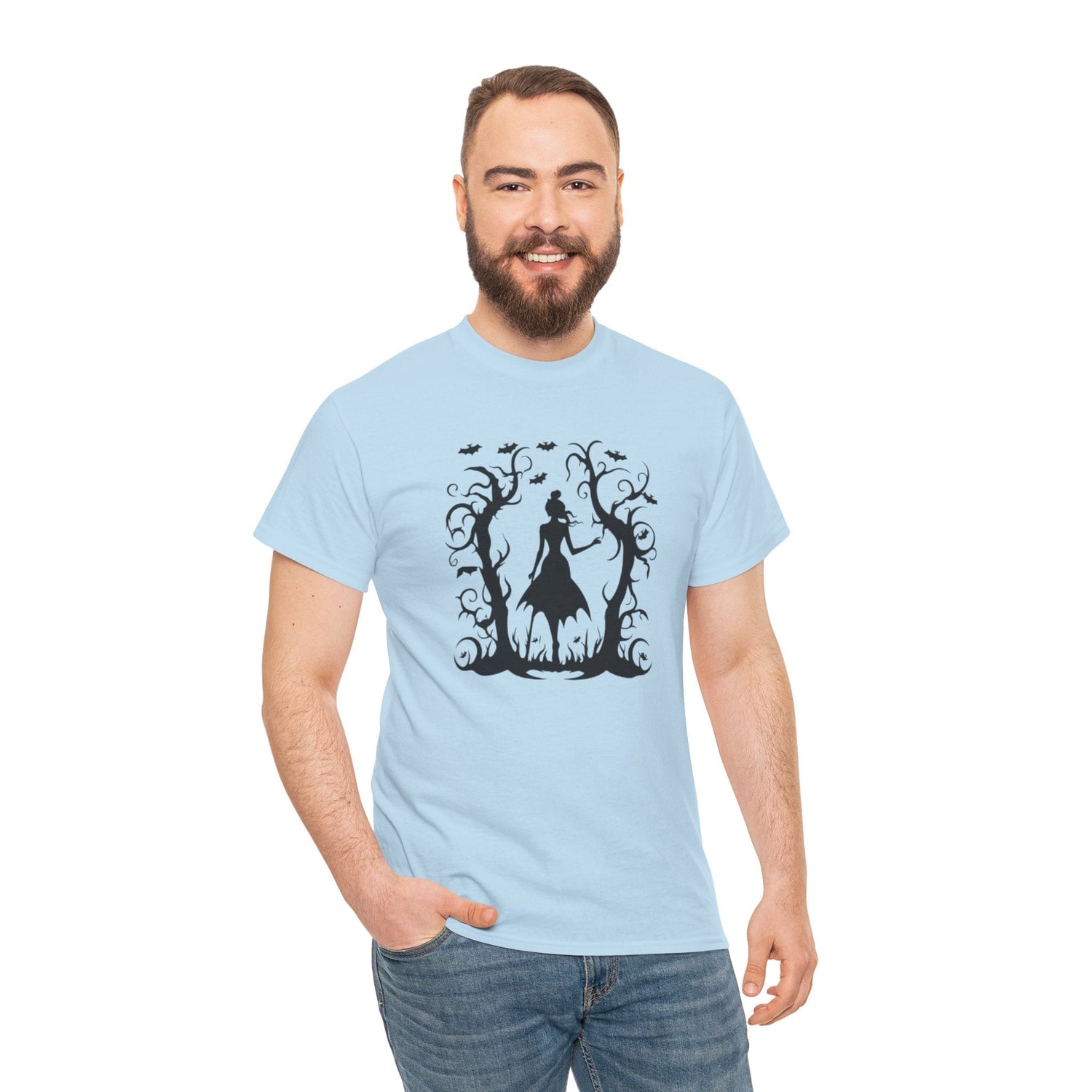 Whimsical Forest Silhouette Tee, Unisex Heavy Cotton T-Shirt, Fall Fashion, Halloween Shirt, Nature Lover Gift Printify