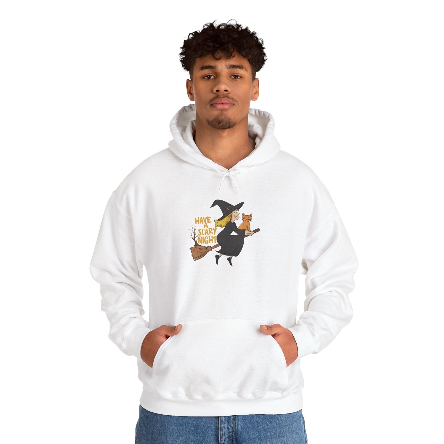 Halloween Witch and Cat Hoodie, Cozy Fall Sweatshirt, Scary Night Apparel, Unisex Ghostly Sweatshirt, Cute Halloween Gift Printify