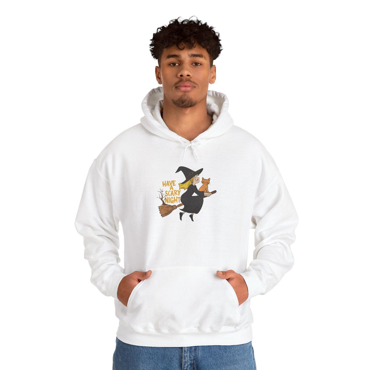 Halloween Witch and Cat Hoodie, Cozy Fall Sweatshirt, Scary Night Apparel, Unisex Ghostly Sweatshirt, Cute Halloween Gift Printify