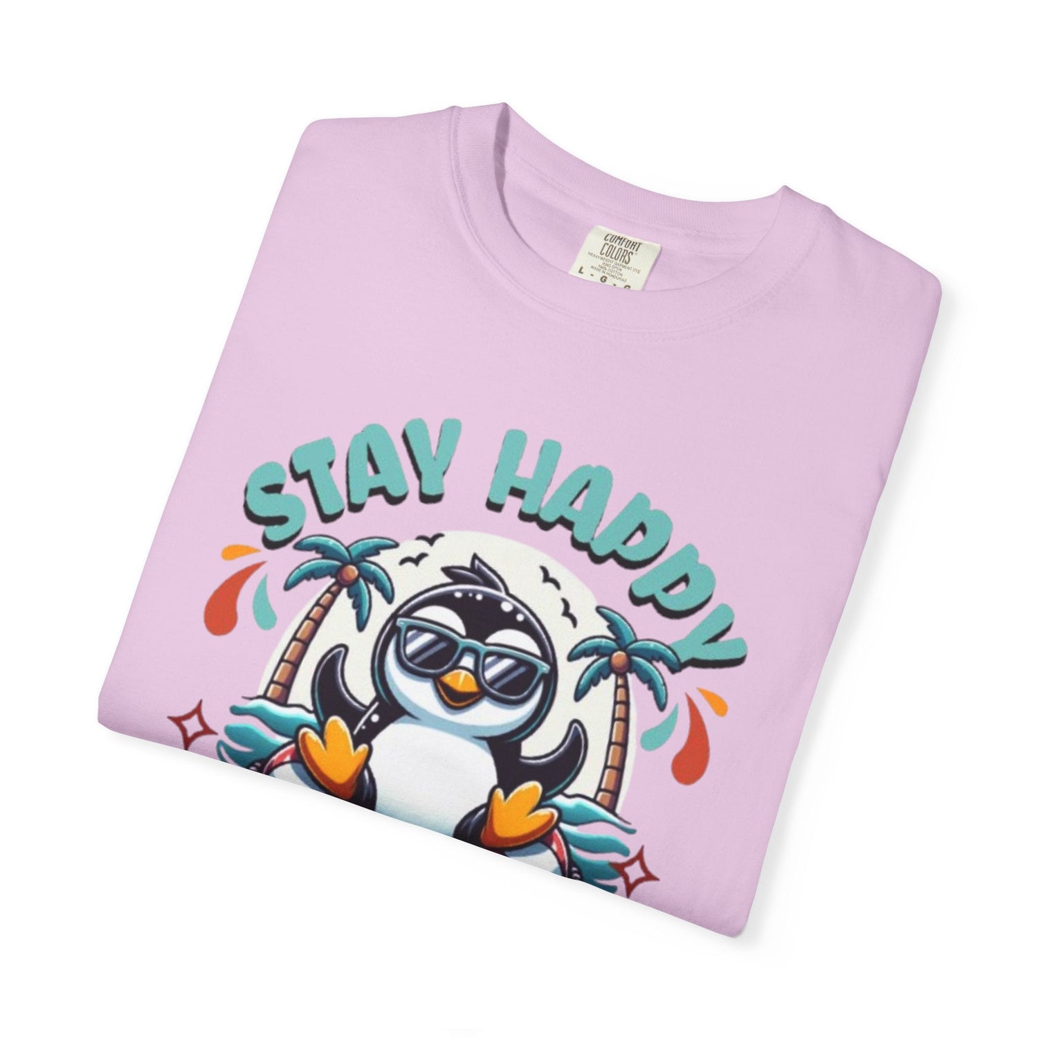 Stay Happy Penguin T-Shirt Unisex Summer Tee Vacation Shirt Beachwear Fun Gift Garment Dyed Cotton Casual Comfort Tee Birthday Gift Beach Shirt Printify