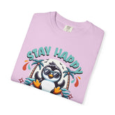 Stay Happy Penguin T-Shirt Unisex Summer Tee Vacation Shirt Beachwear Fun Gift Garment Dyed Cotton Casual Comfort Tee Birthday Gift Beach Shirt Printify