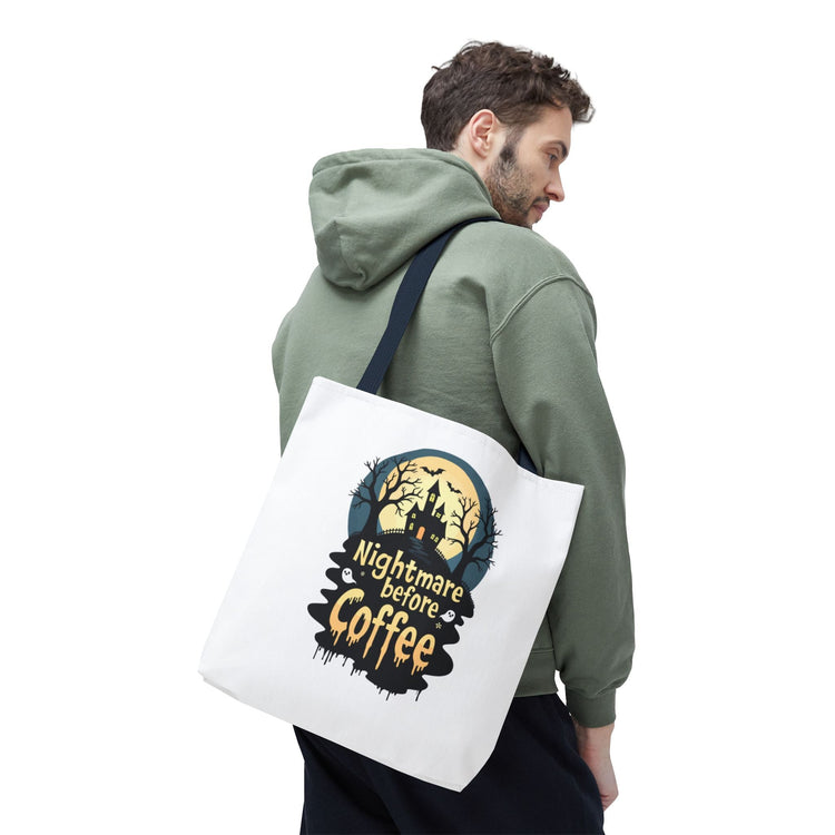 Nightmare Before Coffee Tote Bag, Halloween Tote, Spooky Drink Carrier, Gift for Coffee Lovers, AOP Design Bag Printify
