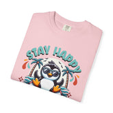 Stay Happy Penguin T-Shirt Unisex Summer Tee Vacation Shirt Beachwear Fun Gift Garment Dyed Cotton Casual Comfort Tee Birthday Gift Beach Shirt Printify