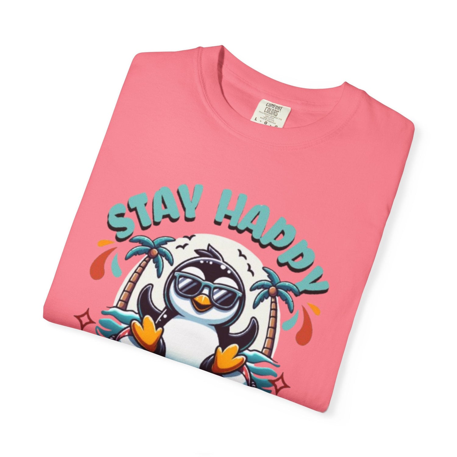 Stay Happy Penguin T-Shirt Unisex Summer Tee Vacation Shirt Beachwear Fun Gift Garment Dyed Cotton Casual Comfort Tee Birthday Gift Beach Shirt Printify