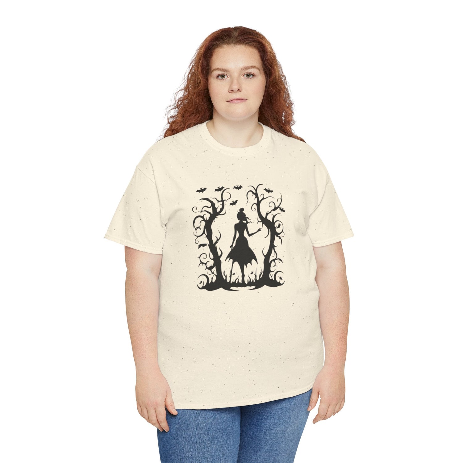 Whimsical Forest Silhouette Tee, Unisex Heavy Cotton T-Shirt, Fall Fashion, Halloween Shirt, Nature Lover Gift Printify