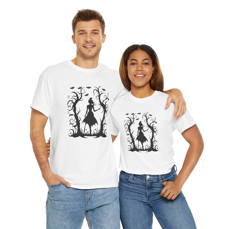 Whimsical Forest Silhouette Tee, Unisex Heavy Cotton T-Shirt, Fall Fashion, Halloween Shirt, Nature Lover Gift Printify