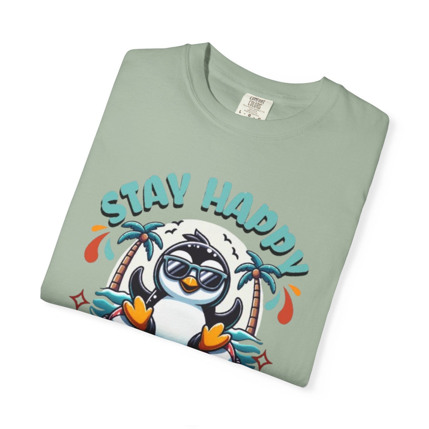 Stay Happy Penguin T-Shirt Unisex Summer Tee Vacation Shirt Beachwear Fun Gift Garment Dyed Cotton Casual Comfort Tee Birthday Gift Beach Shirt Printify