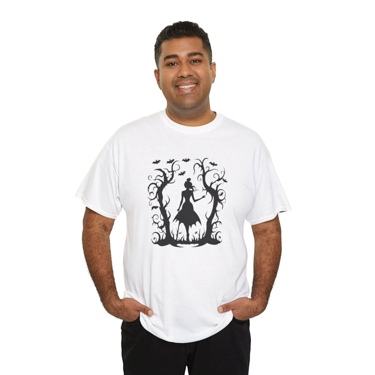 Whimsical Forest Silhouette Tee, Unisex Heavy Cotton T-Shirt, Fall Fashion, Halloween Shirt, Nature Lover Gift Printify