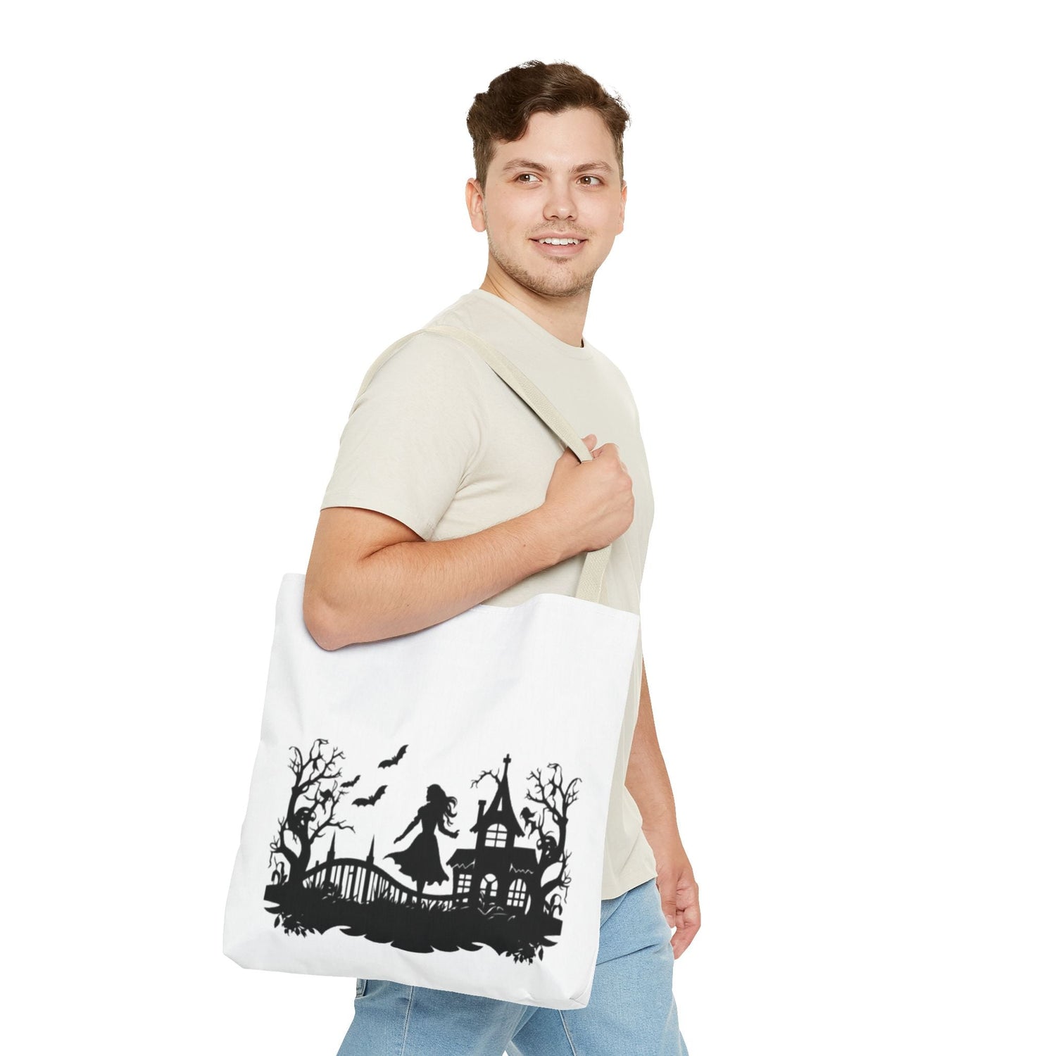 Spooky Silhouette Tote Bag - Halloween Gift, Witchy Style, Eco-Friendly Shopping, Causal Carryall, Gothic Art Design Printify