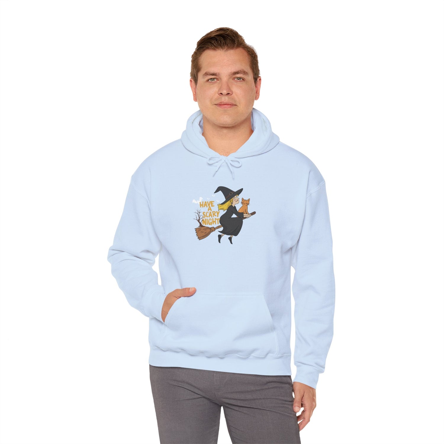 Halloween Witch and Cat Hoodie, Cozy Fall Sweatshirt, Scary Night Apparel, Unisex Ghostly Sweatshirt, Cute Halloween Gift Printify