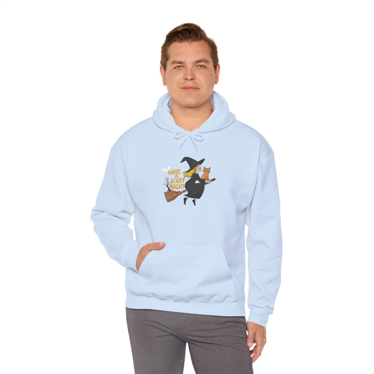 Halloween Witch and Cat Hoodie, Cozy Fall Sweatshirt, Scary Night Apparel, Unisex Ghostly Sweatshirt, Cute Halloween Gift Printify