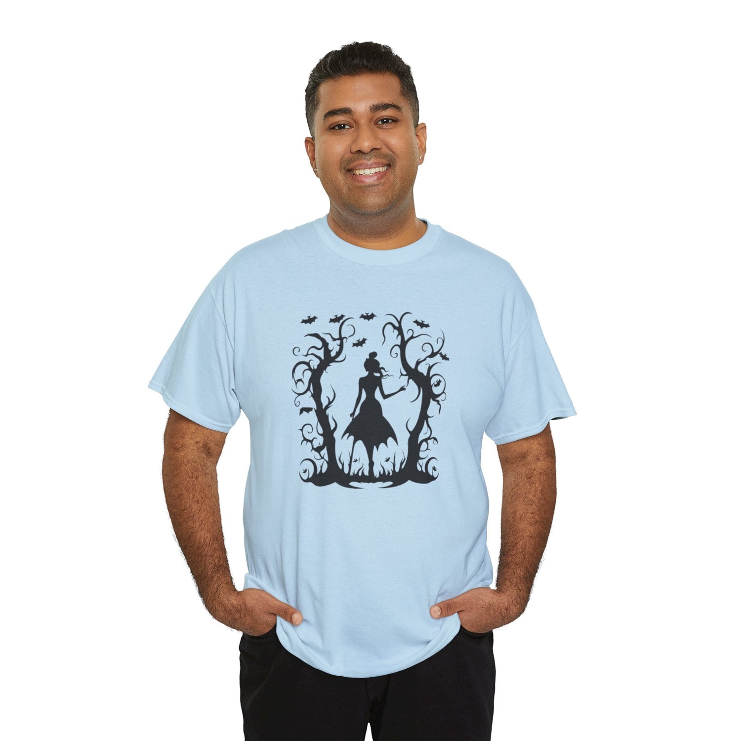 Whimsical Forest Silhouette Tee, Unisex Heavy Cotton T-Shirt, Fall Fashion, Halloween Shirt, Nature Lover Gift Printify