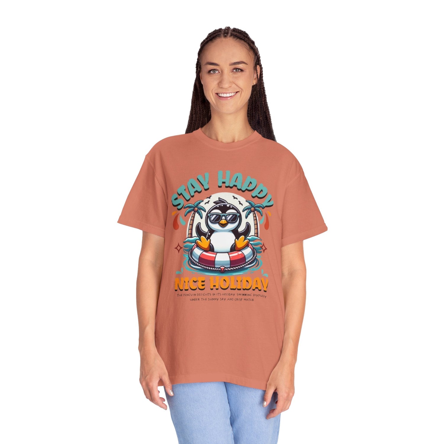 Stay Happy Penguin T-Shirt Unisex Summer Tee Vacation Shirt Beachwear Fun Gift Garment Dyed Cotton Casual Comfort Tee Birthday Gift Beach Shirt Printify