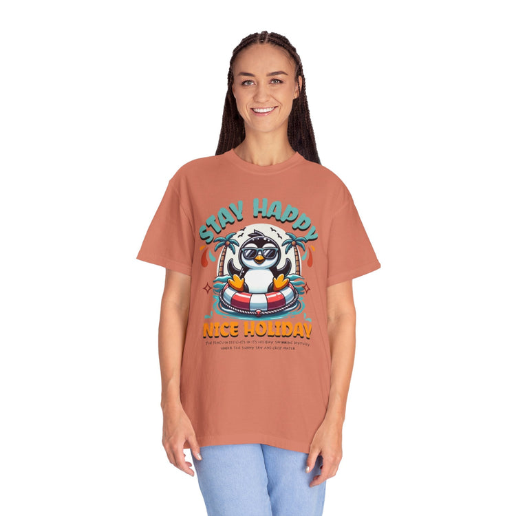 Stay Happy Penguin T-Shirt Unisex Summer Tee Vacation Shirt Beachwear Fun Gift Garment Dyed Cotton Casual Comfort Tee Birthday Gift Beach Shirt Printify