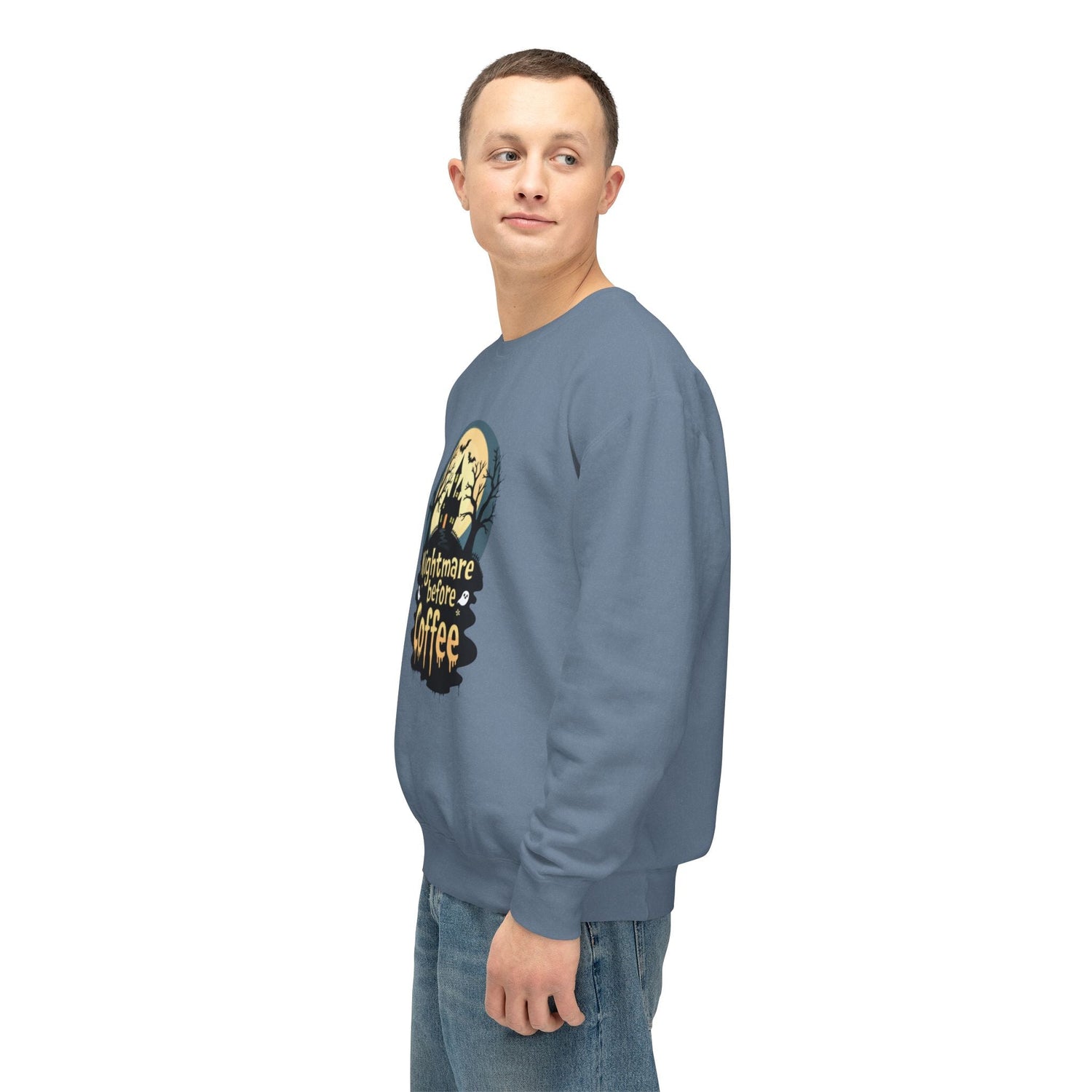 Unisex Lightweight Crewneck Sweatshirt - Nightmare Before Coffee Printify