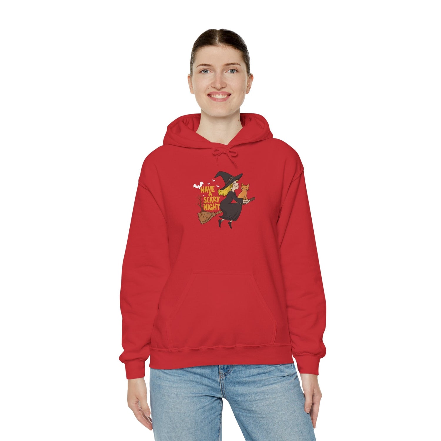 Halloween Witch and Cat Hoodie, Cozy Fall Sweatshirt, Scary Night Apparel, Unisex Ghostly Sweatshirt, Cute Halloween Gift Printify