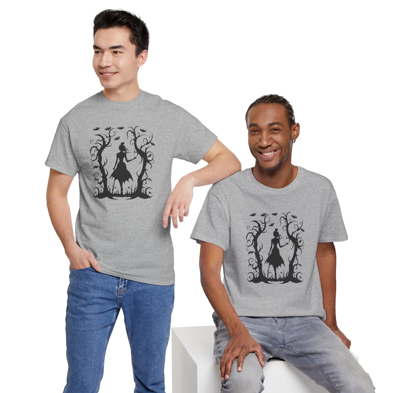Whimsical Forest Silhouette Tee, Unisex Heavy Cotton T-Shirt, Fall Fashion, Halloween Shirt, Nature Lover Gift Printify