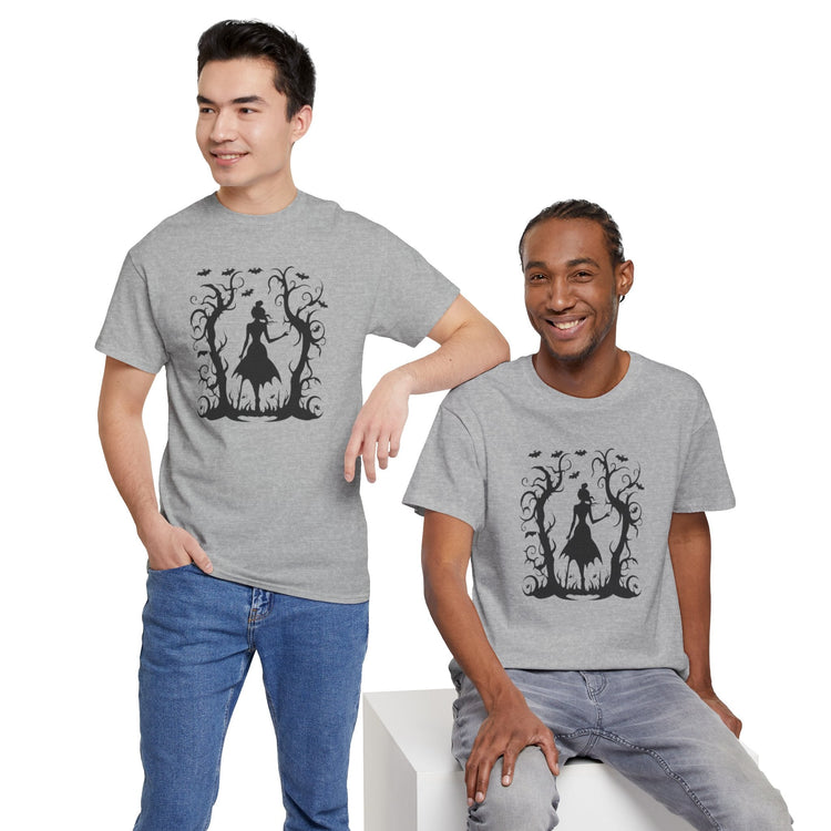 Whimsical Forest Silhouette Tee, Unisex Heavy Cotton T-Shirt, Fall Fashion, Halloween Shirt, Nature Lover Gift Printify