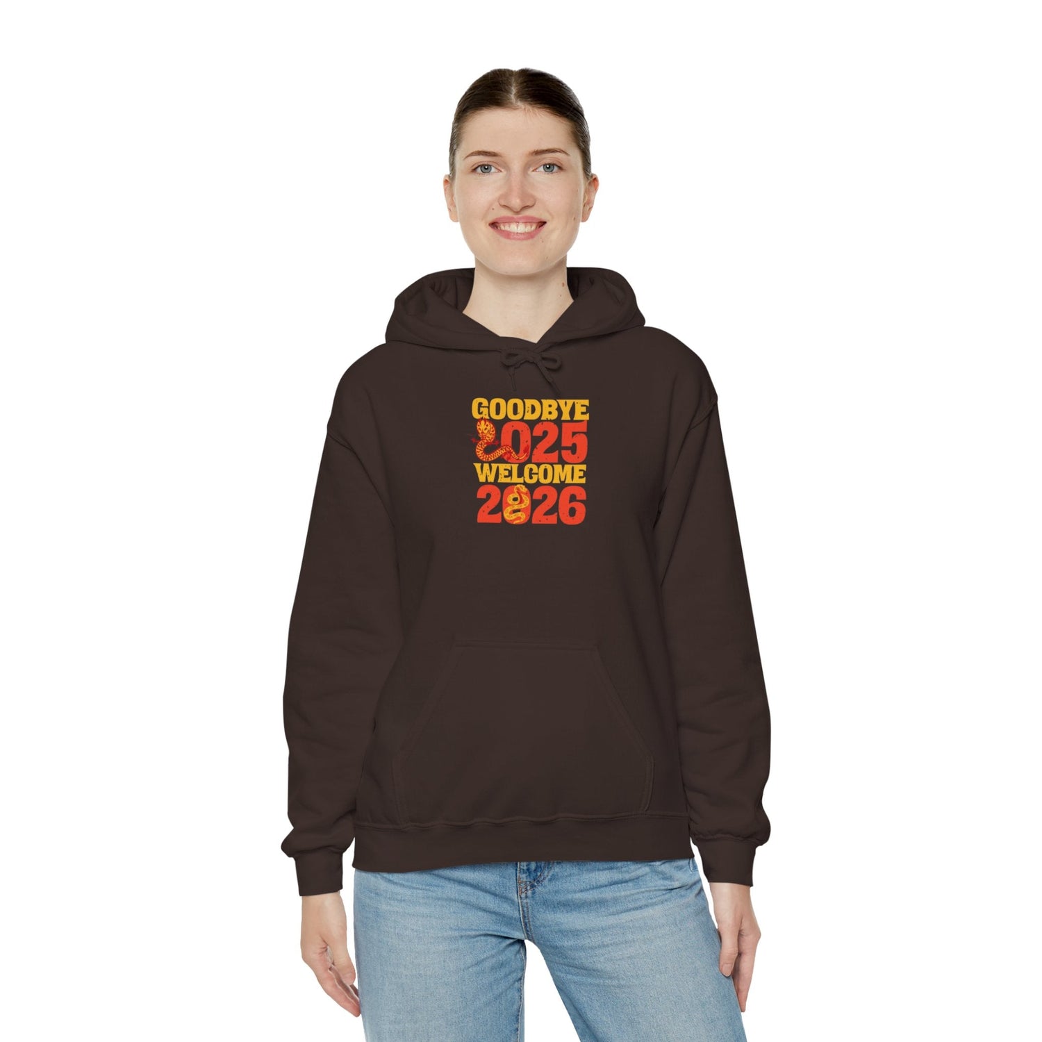 New Year Celebration Hoodie Goodbye 2025 Welcome 2026 Sweatshirt Cozy Gift Friends Unisex Pullover Trendy Winter Fashion Heavy Blend Hooded Printify