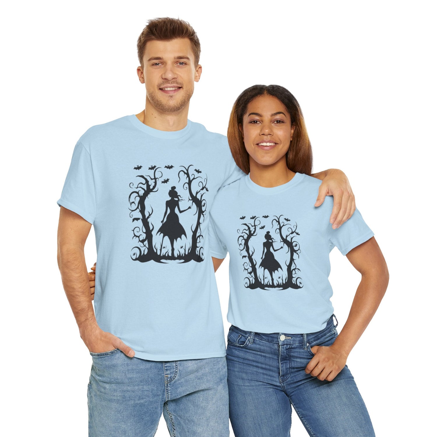 Whimsical Forest Silhouette Tee, Unisex Heavy Cotton T-Shirt, Fall Fashion, Halloween Shirt, Nature Lover Gift Printify
