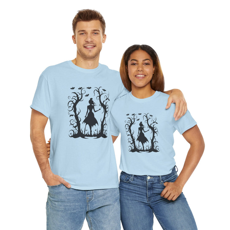 Whimsical Forest Silhouette Tee, Unisex Heavy Cotton T-Shirt, Fall Fashion, Halloween Shirt, Nature Lover Gift Printify