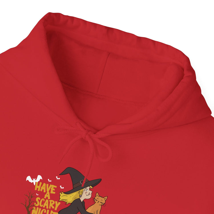 Halloween Witch and Cat Hoodie, Cozy Fall Sweatshirt, Scary Night Apparel, Unisex Ghostly Sweatshirt, Cute Halloween Gift Printify