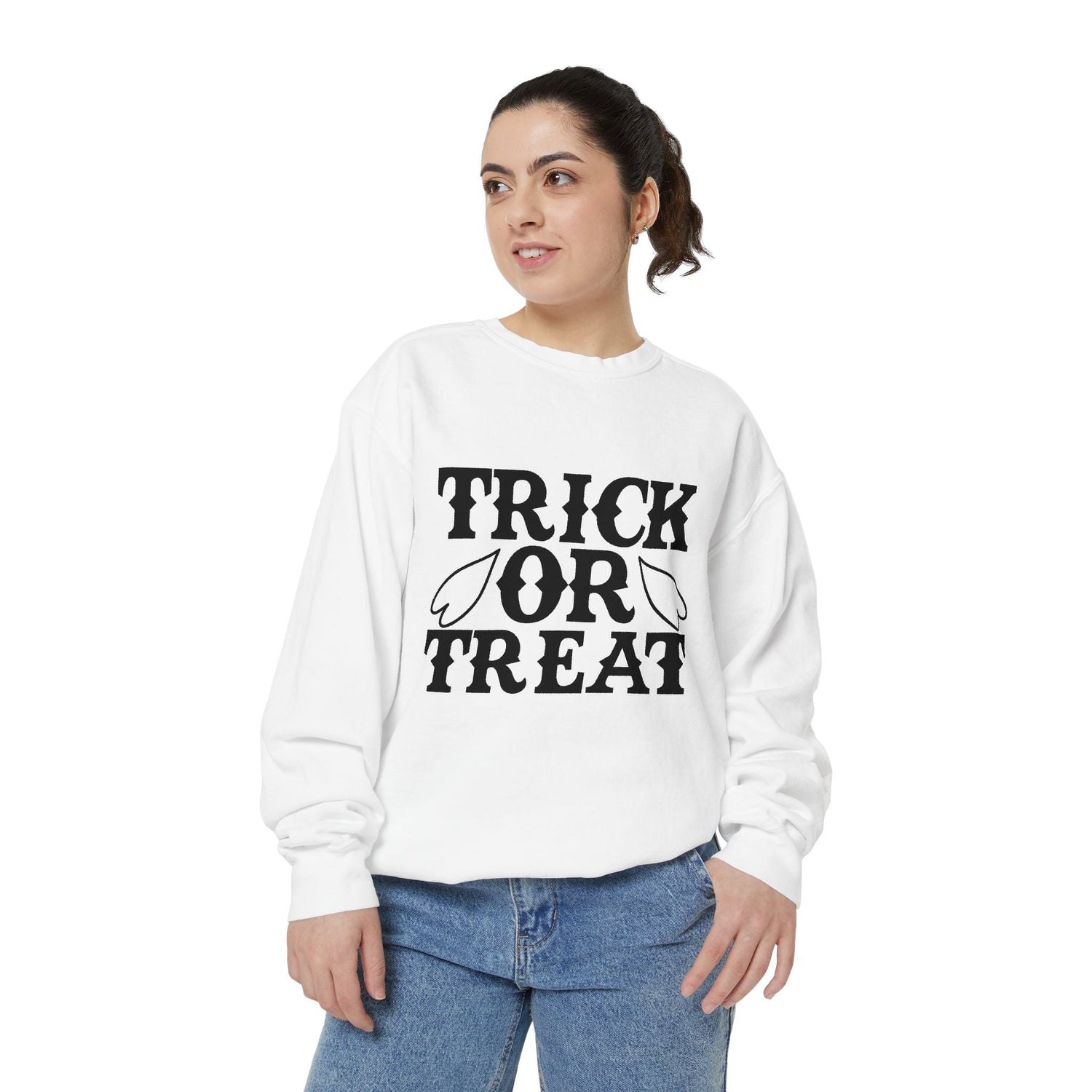Halloween Trick or Treat Sweatshirt, Cozy Fall Sweatshirt, Unisex Halloween Apparel, Spooky Season Gift, Pumpkin Spice Fashion Printify