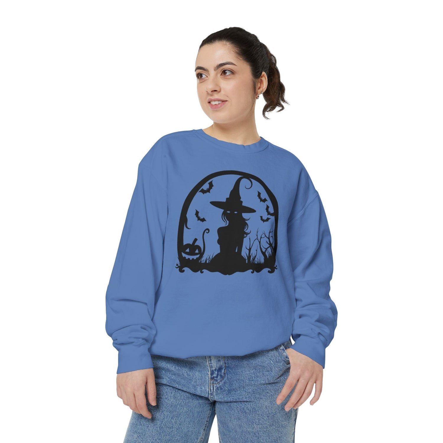 Charming Halloween Sweatshirt, Cozy Witch Design, Unisex Garment-Dyed Hoodie, Fall Fashion, Spooky Season Wear, Trick or Treat Gift Printify