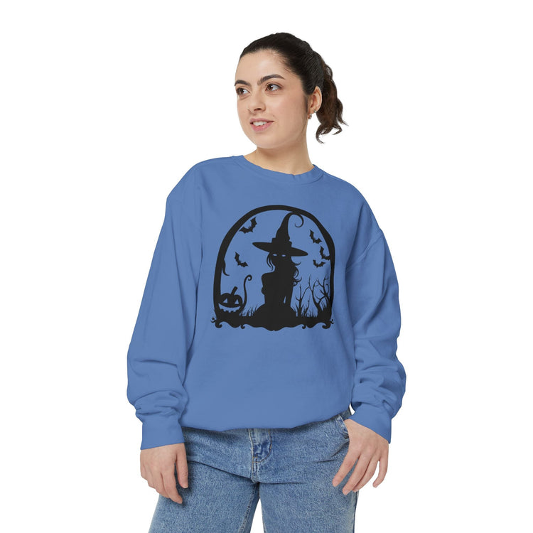 Charming Halloween Sweatshirt, Cozy Witch Design, Unisex Garment-Dyed Hoodie, Fall Fashion, Spooky Season Wear, Trick or Treat Gift Printify