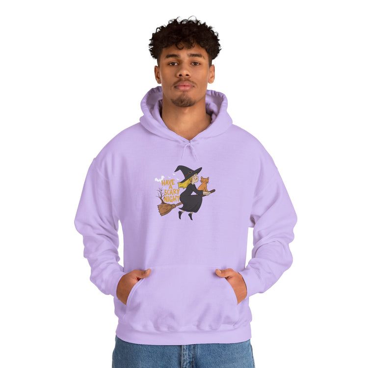 Halloween Witch and Cat Hoodie, Cozy Fall Sweatshirt, Scary Night Apparel, Unisex Ghostly Sweatshirt, Cute Halloween Gift Printify