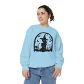 Charming Halloween Sweatshirt, Cozy Witch Design, Unisex Garment-Dyed Hoodie, Fall Fashion, Spooky Season Wear, Trick or Treat Gift Printify