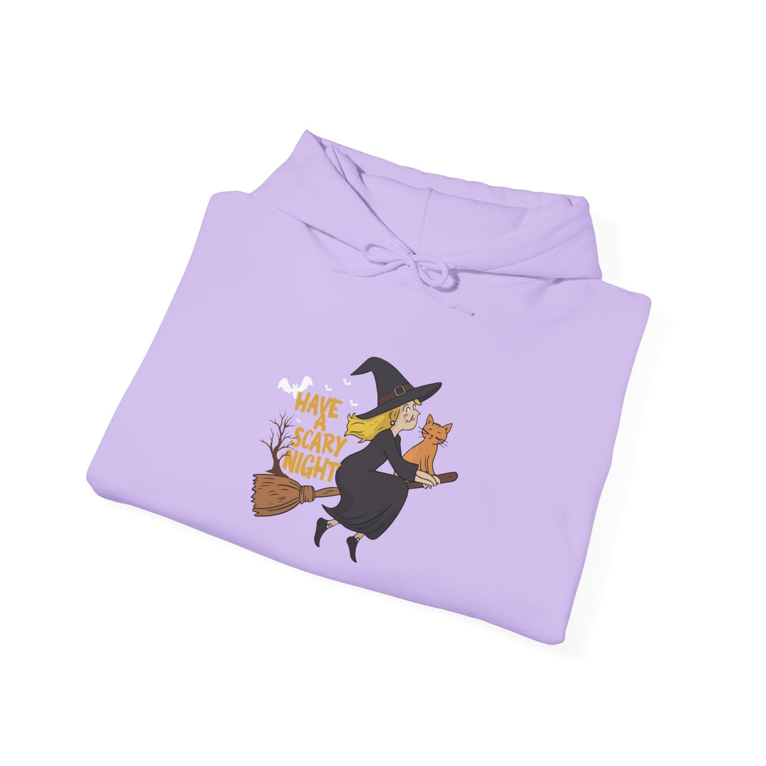 Halloween Witch and Cat Hoodie, Cozy Fall Sweatshirt, Scary Night Apparel, Unisex Ghostly Sweatshirt, Cute Halloween Gift Printify